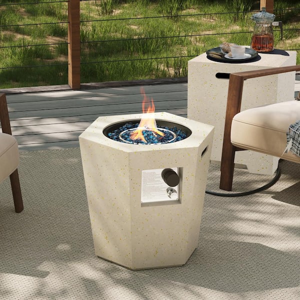 UPHA 24 in. 40,000 BTU Beige Hexagon Geometric Terrazzo Outdoor Propane Gas Fire Pit Table with Propane Tank Cover