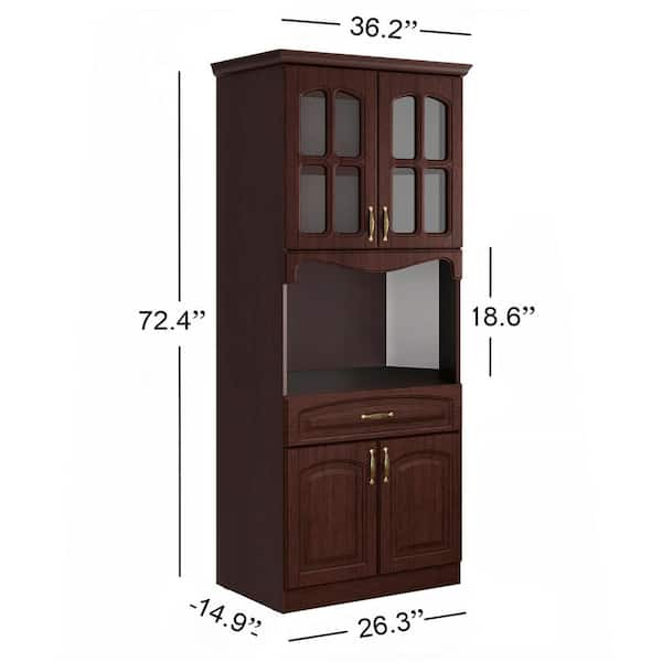 Living Skog Scandi 71 in. Dark Cherry Tall Pantry Kitchen Storage Cabinet Buffet with Hutch for Microwave with Drawers, Brown