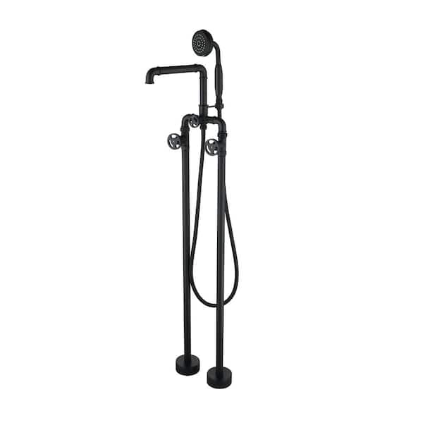 Tomfaucet 3-Handle Floor Mount Freestanding Tub Faucet with Hand Shower in Matte Black