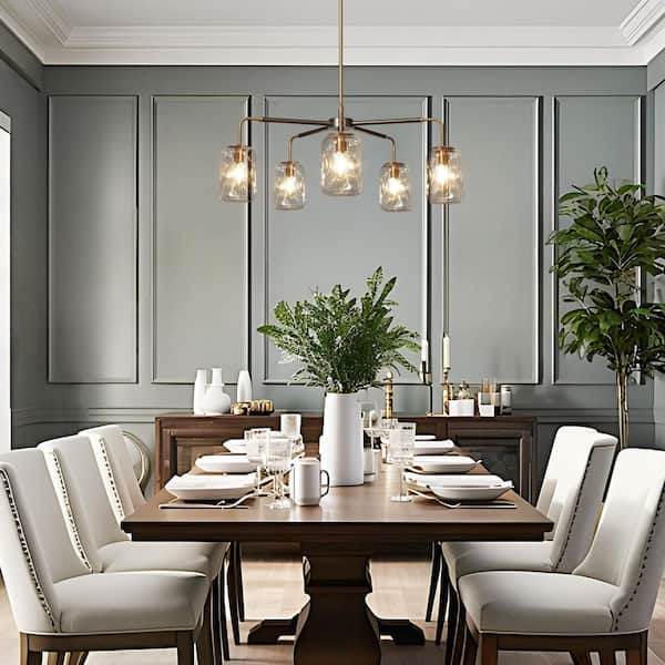 Cellar 28.7 in. W Modern 5-Light Gunmetal Gray and Brass Branch Chandelier with Mason Jar Textured Glass Shade