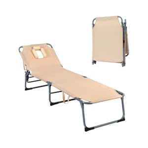 5-Position Adjustable Outdoor Folding Chaise Lounge Chair in Beige with Face Hole for Beach