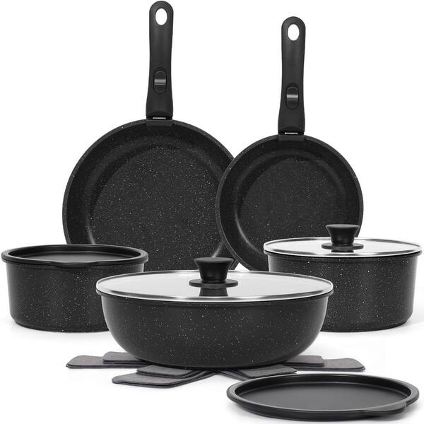 15-Piece Black Nonstick Aluminum Cookware Set with Removable Handles Induction Oven Safe Stackable Kitchen Tools