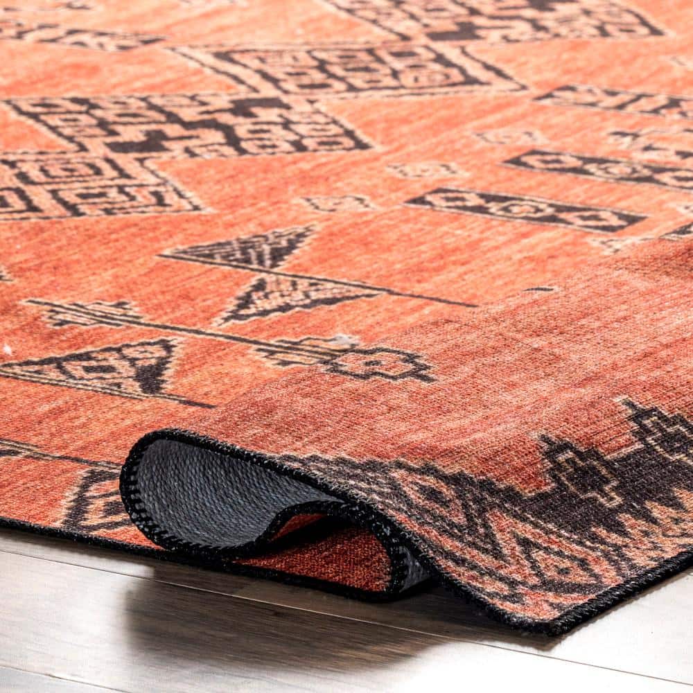 Quincy Red Geometric Cotton-Blend Washable Area Rug