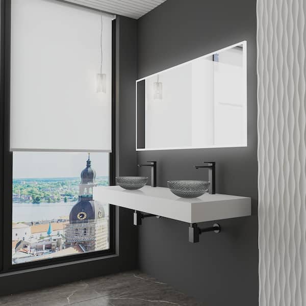 60 in. Wall Mounted Bathroom Countertop Shelf in White Solid Surface with 2 Light Black Round Glass Vessel Sinks