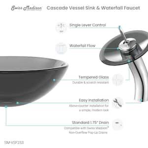 Cascade Black Round Glass Vessel Sink with Cascade Faucet