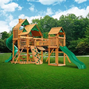 Treasure Trove I Wooden Outdoor Playset with 2 Slides, Clatter Bridge, Rock Wall, and Backyard Swing Set Accessories