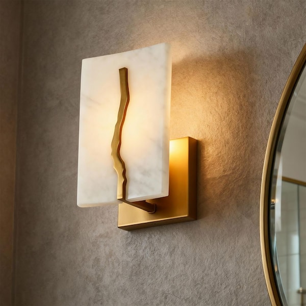 1-Light Modern Transitional Plating Brass Wall Sconce with Alabaster-Like Resin Shade for Bathroom, Home Office, Bedroom