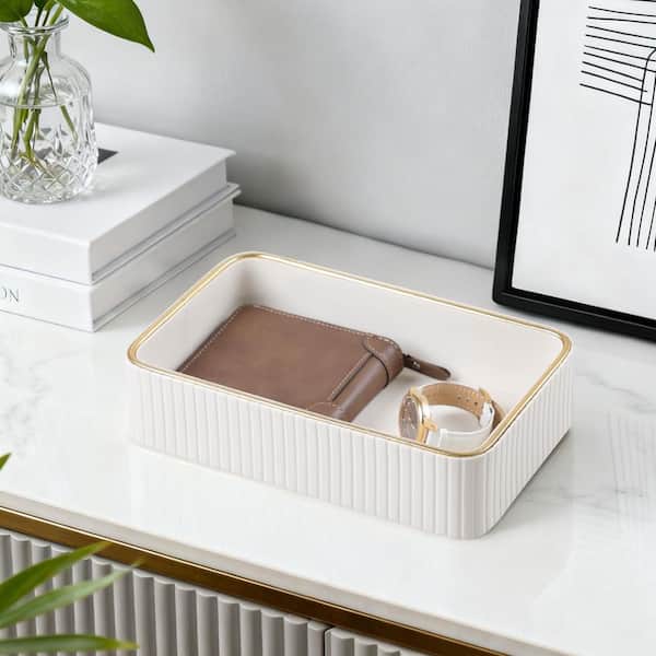 Classic Series Ivory Rectangle PU Leather Valet Tray 9.5 in. 1-Piece