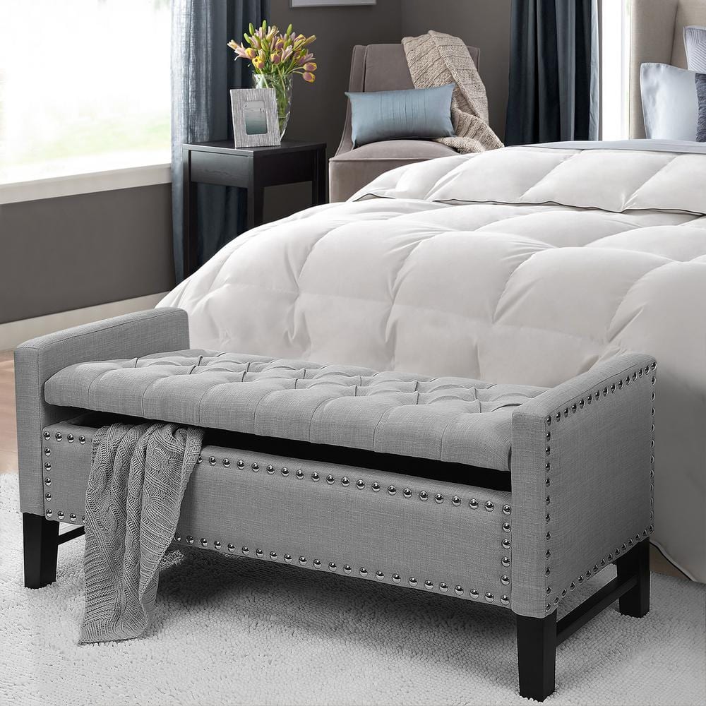 Inspired Home Emmaline Light Grey Linen Storage Bench Button Tufted ...