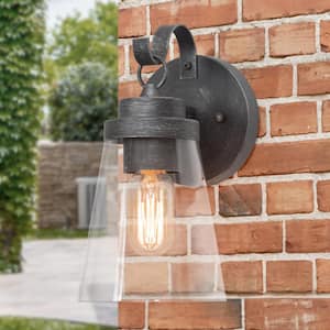 Modern Brushed Gray Outdoor Wall Lantern Sconce with Bell Clear Glass Shade, Industrial 1-Light Exterior Patio Lighting