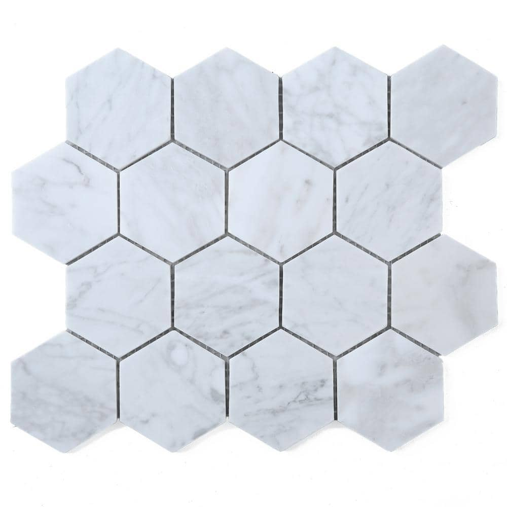 Carrara White 10.24 in. x 11.66 in. Hexagon Polished Marble Mosaic Tile (8.3 sq. ft./Case) -  MOLOVO, WHCA-2