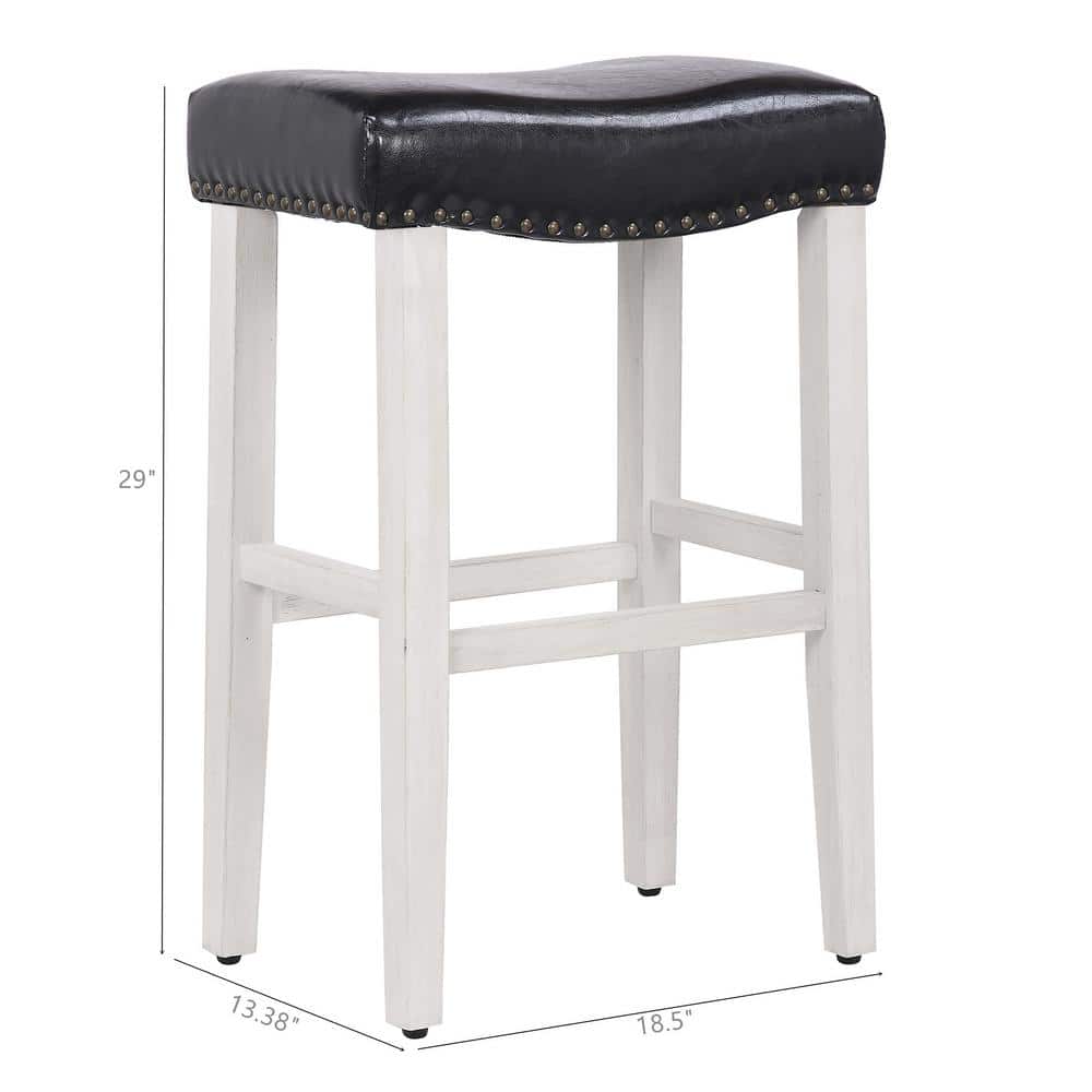Antique White and Black Leather Saddle Style 29" Bar Stool