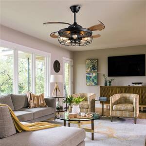 42 in. Black Ceiling Fan Indoor with Lights and Remote Retractable Blades Fandelier