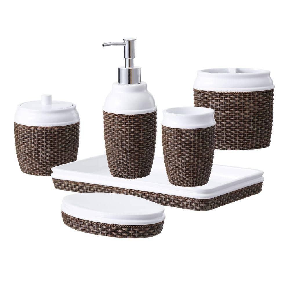 Dracelo 4-Piece Bathroom Accessory Set with Toothbrush Holder, Vanity Tray,  Soap Dispenser, Qtip Holder in Beige B0B2VB82CN - The Home Depot