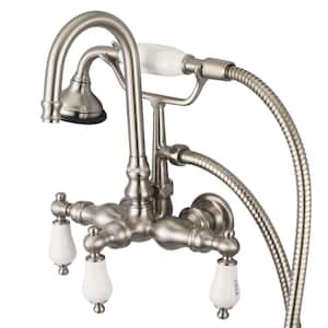3-Handle Claw Foot Tub Faucet with Labeled Porcelain Lever Handles and Handshower in Brushed Nickel