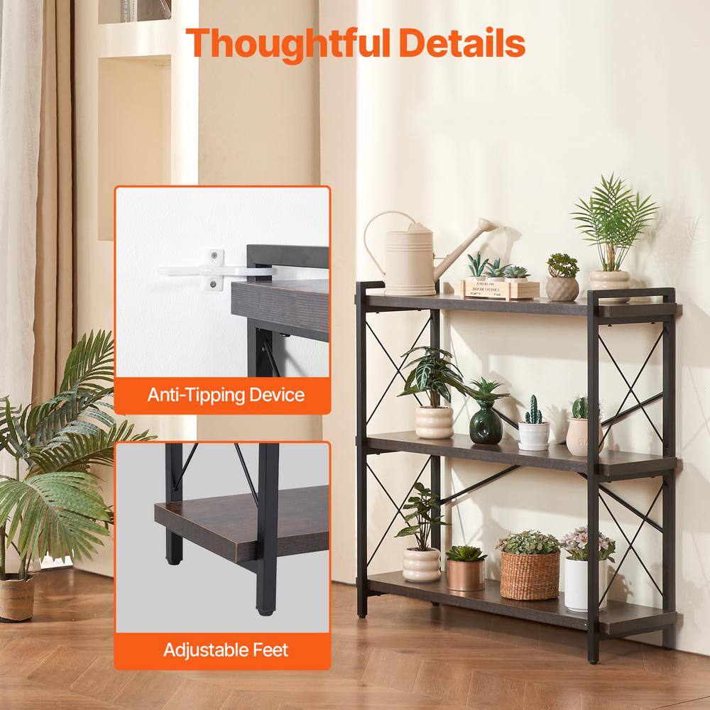 Brown Metal 3-Tier Adjustable Industrial Bookshelf