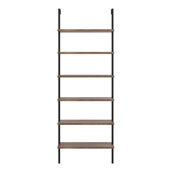 Theo 85 in. Matte Black Reclaimed Oak Wood 6-Shelf Wall Mount Ladder Bookcase with Matte Black Metal Frame