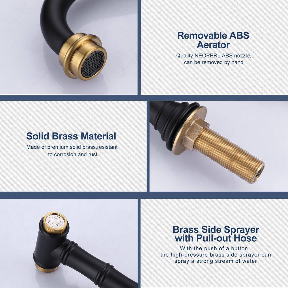 Matte Black and Gold Double Handle Bridge Kitchen Faucet with Side Sprayer