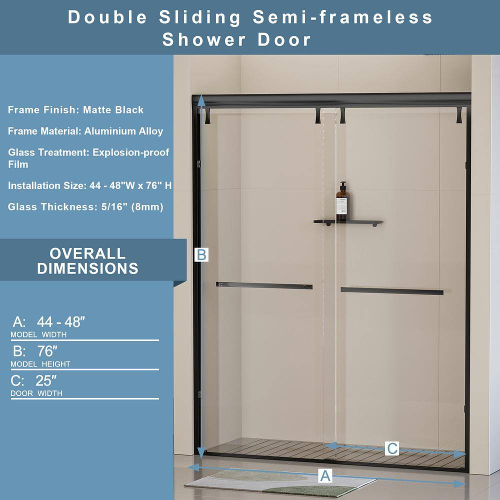 Matte Black Semi-Frameless Double Sliding Shower Door with Clear Tempered Glass