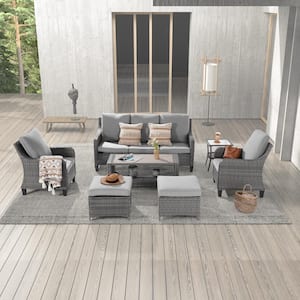 7-Piece Gray Wicker Patio Outdoor Conversation Set with Coffee Table, Linen Grey Cushions