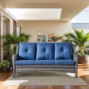 3-Seat Gray PE Wicker Outdoor Couch with Blue Cushions and Curved Arm Design