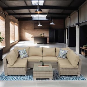 7-Piece Composite Outdoor Sectional Set with Khaki Thick Cushions