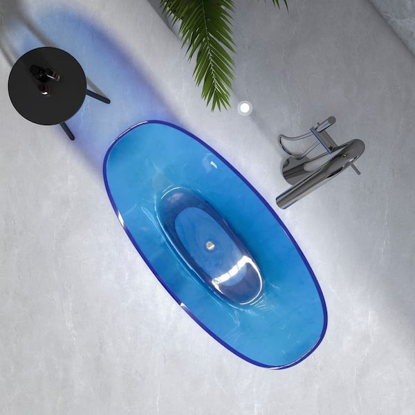 Moray 64 in. x 29 in. Stone Resin Flatbottom Solid Surface Freestanding Soaking Bathtub in Blue with Brass Drain