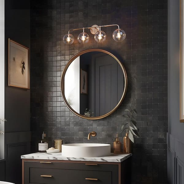 Mid-Century Modern Globe Bathroom Vanity Light 4-Light Traditional Brass Gold Round Wall Light with Clear Glass Shades