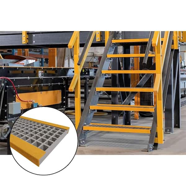Gray and Yellow, 12 in. x 48 in. Fiberglass Molded Grating Stair Tread Covers, Gritted, Edged, Interior/Exterior