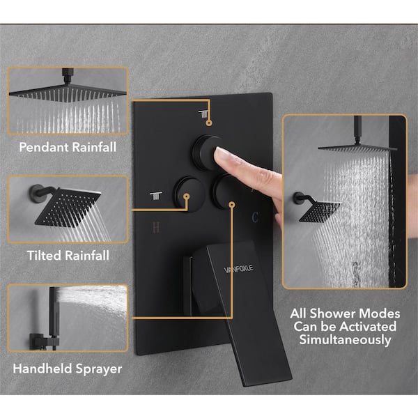 Single Handle 4-Spray Shower Faucet 1.8 GPM 10 in. Square Ceiling Mounted Shower with Pressure Balance in. Matte Black