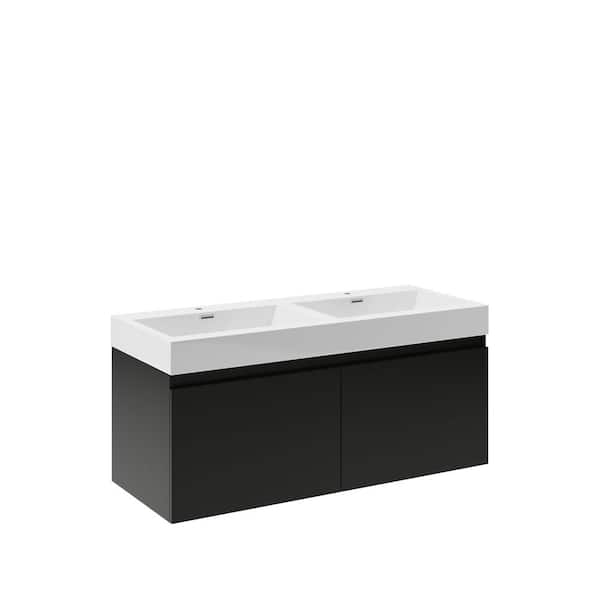 Fresca Mezzo 48 in. Modern Wall Hung Bath Vanity in Black with Double Vanity Top in White with White Basins