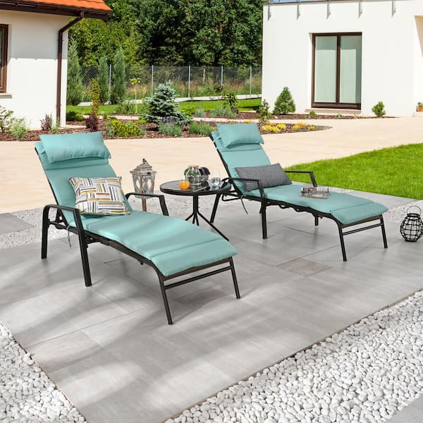 3-Piece Metal Outdoor Chaise Lounge with Aqua Cushions