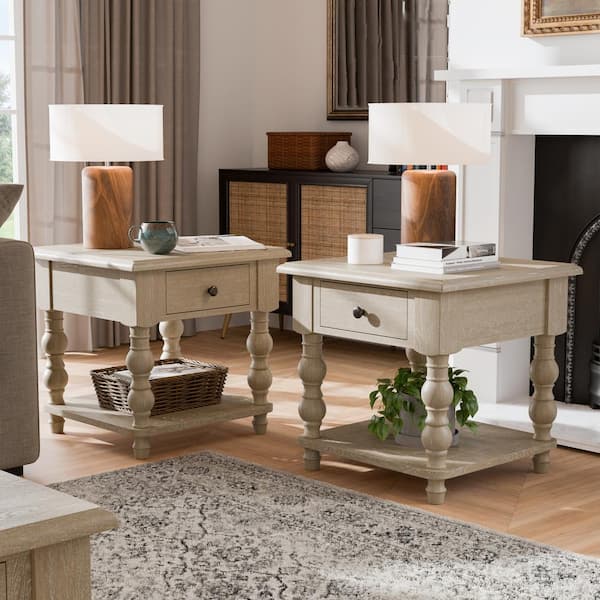 Carrin 24 in. Light White Wash Square Wood End Table with Drawers