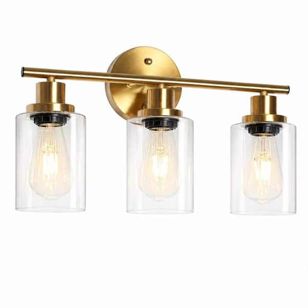 3-Light Modern Gold Indoor Bathroom Vanity Light, Clear Glass Shades, E26 Base, Max 60W Per Socket