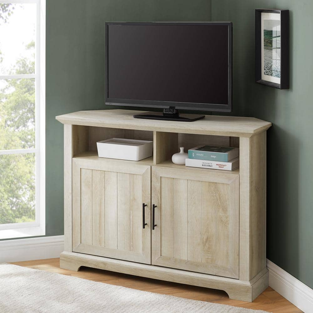 Details about   44" Transitional Farmhouse Wood Corner TV Console in White Oak 