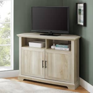 44 in. White Oak Wood Corner TV Stand with adjustable shelf and doors (Max tv size 50 in.)