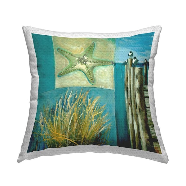 Stupell Industries Nautical Beach View Collage Blue Square Outdoor Throw Pillow