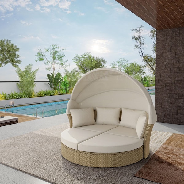 HomeAura Wicker Outdoor Day Bed with Beige Retractable Canopy and Cushions