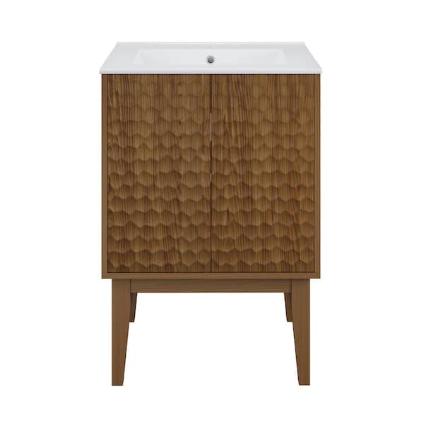 Swiss Madison Bosse 24 in. Freestanding Bathroom Vanity in Brown Oak with White Ceramic 3-Hole Centerset Sink Top