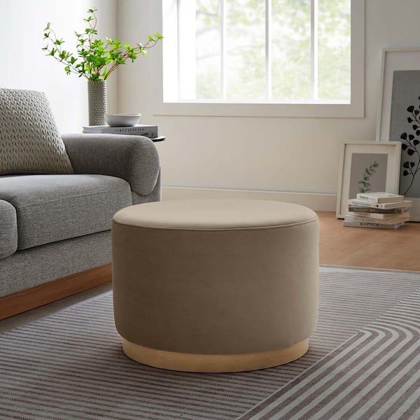 MODWAY Tilden Large 23 in. Round Performance Velvet Upholstered Ottoman in Taupe Natural