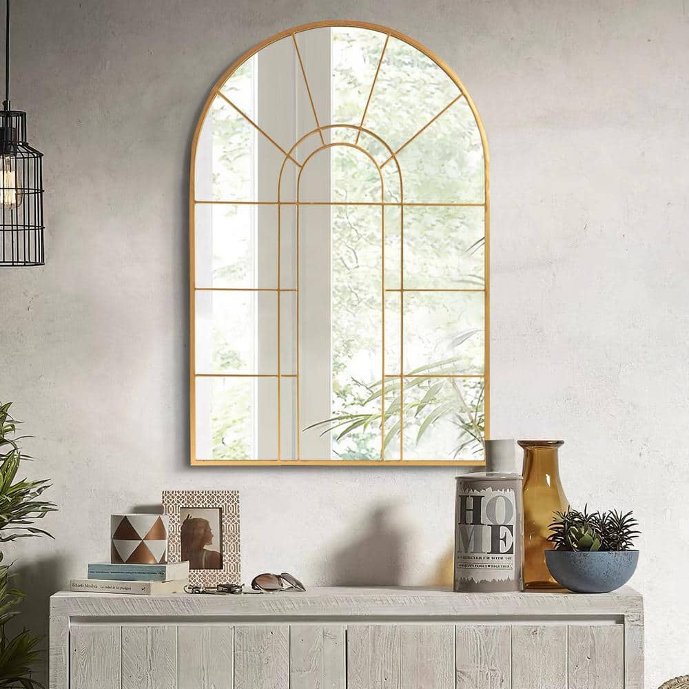28 in. W x 41 in. H Arched Metal Frame Wall Mirror in Gold