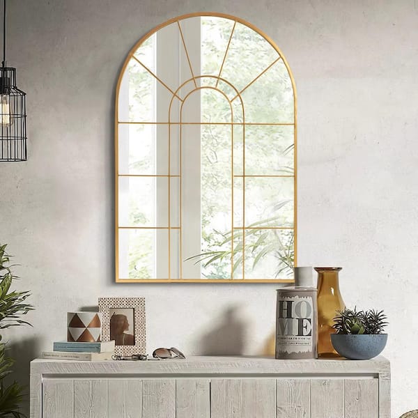 Lirago 28 in. W x 41 in. H Arched Metal Frame Wall Mirror in Gold