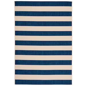 Courtyard Beige/Navy 5 ft. x 8 ft. Awning Stripe Indoor/Outdoor Area Rug