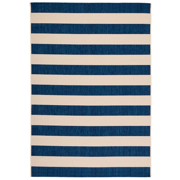 Courtyard Beige/Navy 8 ft. x 10 ft. Awning Stripe Indoor/Outdoor Area Rug