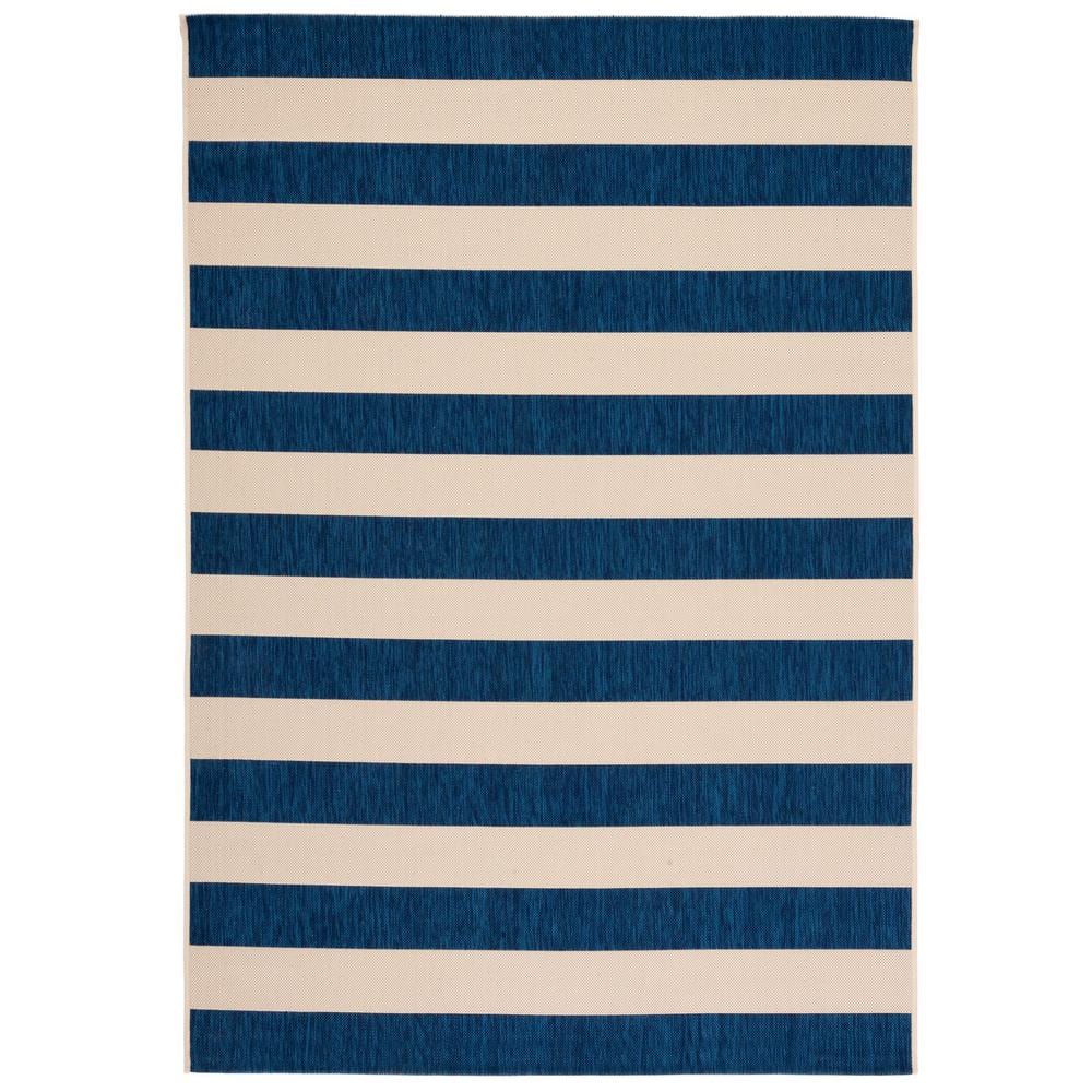 Beige and Navy Striped Synthetic Indoor/Outdoor Rug 9' x 12'