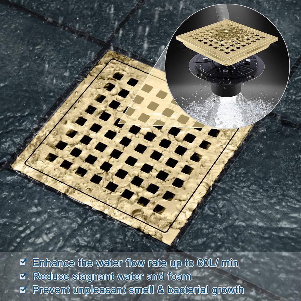 6-Inch Brushed Gold Stainless Steel Square Shower Drain
