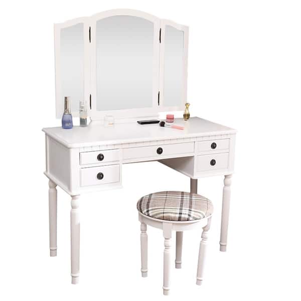 Karl home 3-Fold White Square Mirror 5-Drawers Vanity Set