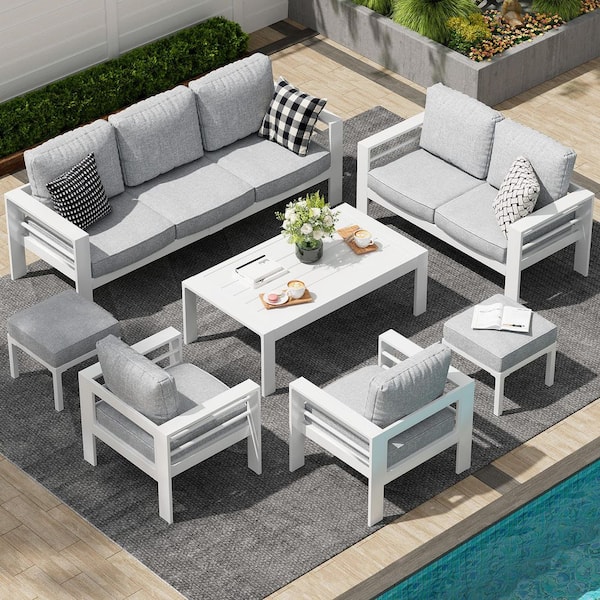AECOJOY 7 Pieces Outdoor Conversation Set, Aluminum Modern Patio Furniture Set with Coffee Table in Light Grey Cushions