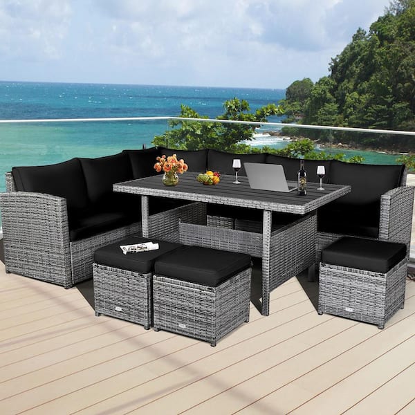 7-Piece Rattan Patio Sectional Corner Sofa Set Conversation Set with Black Cushions