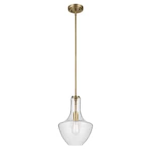 Everly 15.25 in. 1-Light Natural Brass Modern Shaded Bell Kitchen Hanging Pendant Light with Clear Seeded Glass
